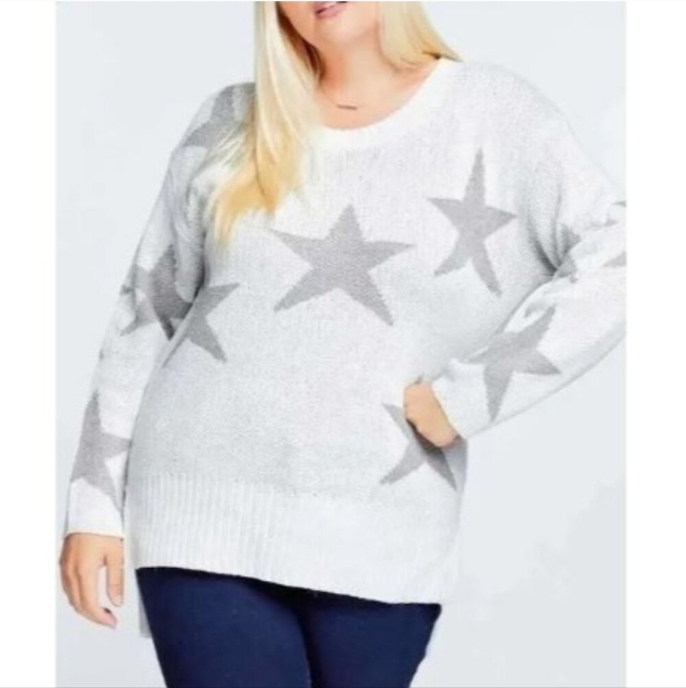 🏷️Davi & Dani OVERSIZED Knit Sweater with Star Print in Light Grey/Charcoal 3X